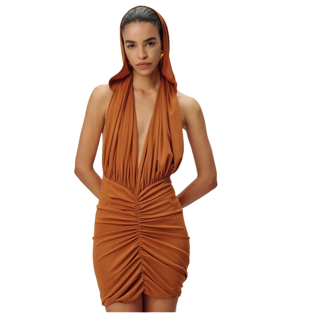 Ronny KOBO Demitri Brown Hooded Mini Dress Plunge Neckline Ruched Bodycon Party